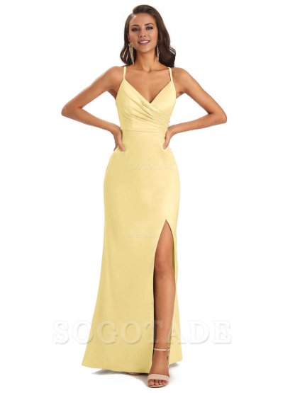 Soft Satin Side Slit Spaghetti Straps Long Unique Mermaid Bridesmaid Dresses Elegant Evening Party Dress