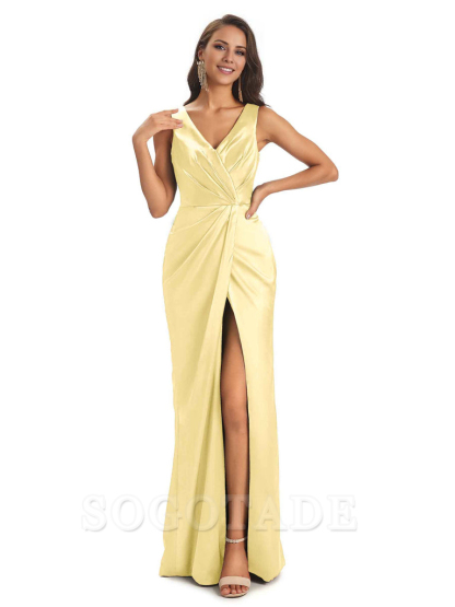 V-Neck Unique Long Satin Bridesmaid Dresses with Front Slit