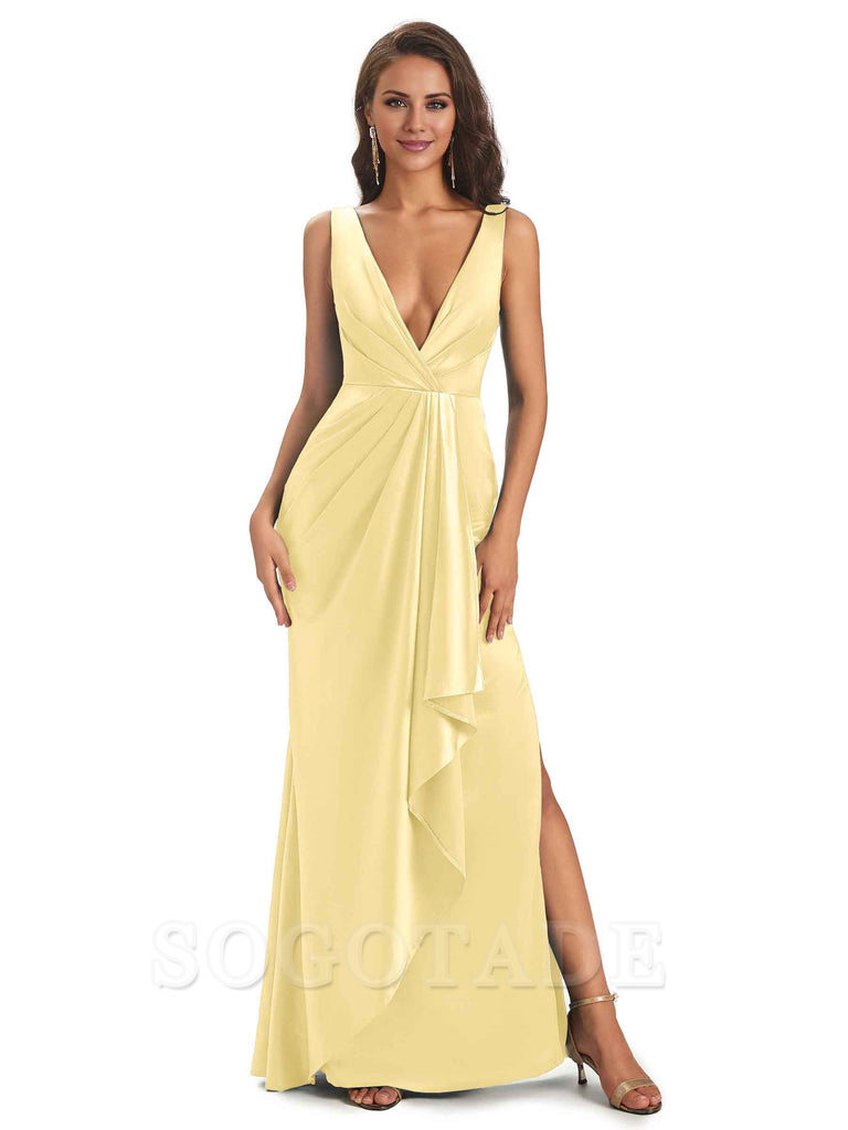 Sexy Satin V-Neck Floor-Length Long Bridesmaid Dresses with Side Slit Elegant Evening Party Dress