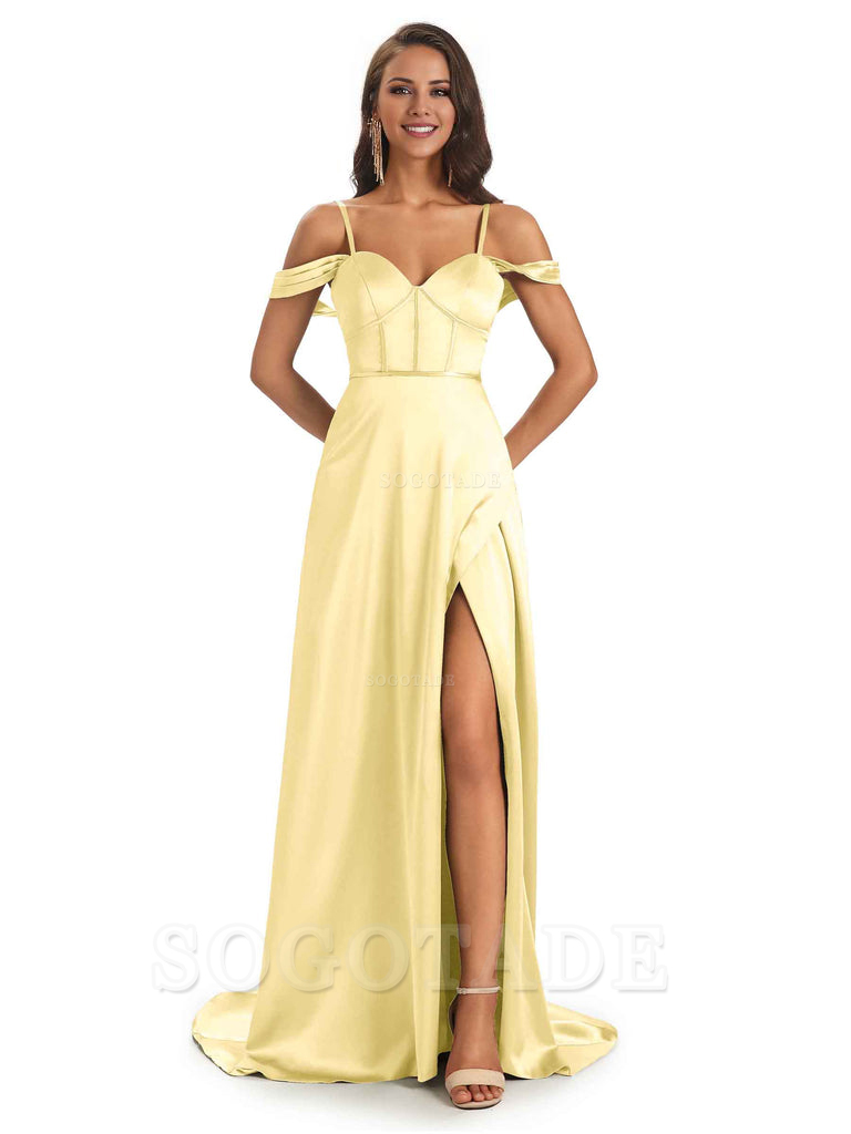 Stylish Soft Satin Side Slit Spaghetti Straps Bridesmaid Dresses Elegant Evening Party Dress
