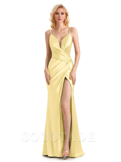 Sexy Satin Side Slit V-Neck Long Mermaid Bridesmaid Dresses with Front Slit