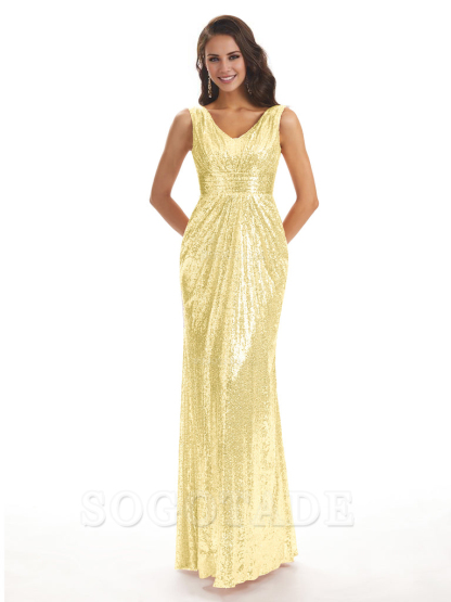 Sparkly V-Neck Sequin Long Mermaid Bridesmaid Dresses Sleeveless Charming Evening Party Dress