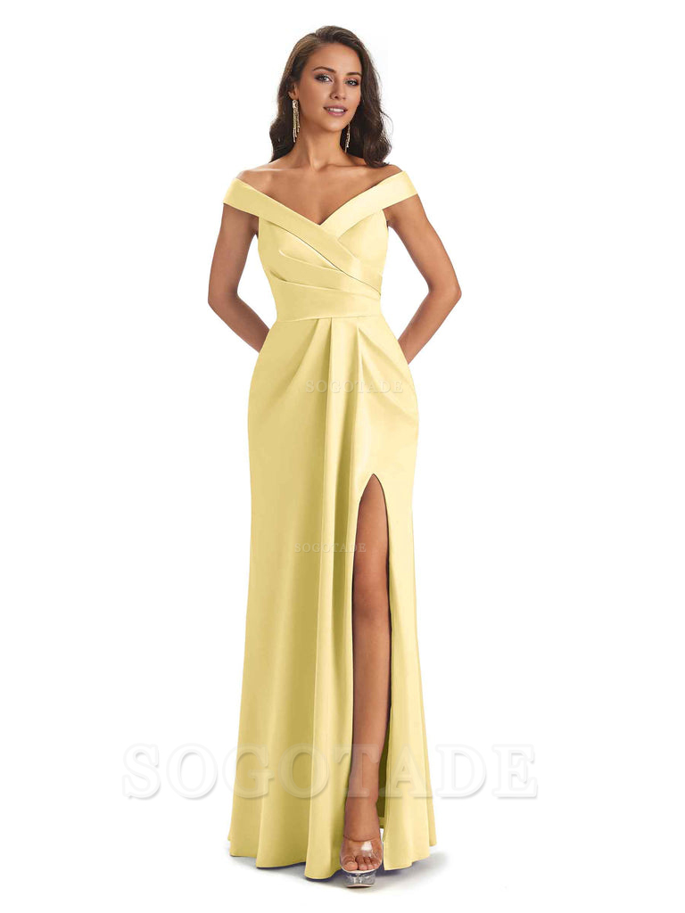 Sexy Soft Side Slit Off Shoulder V-Neck Long Satin Ladies Bridesmaid Dresses Elegant Evening Party Dress