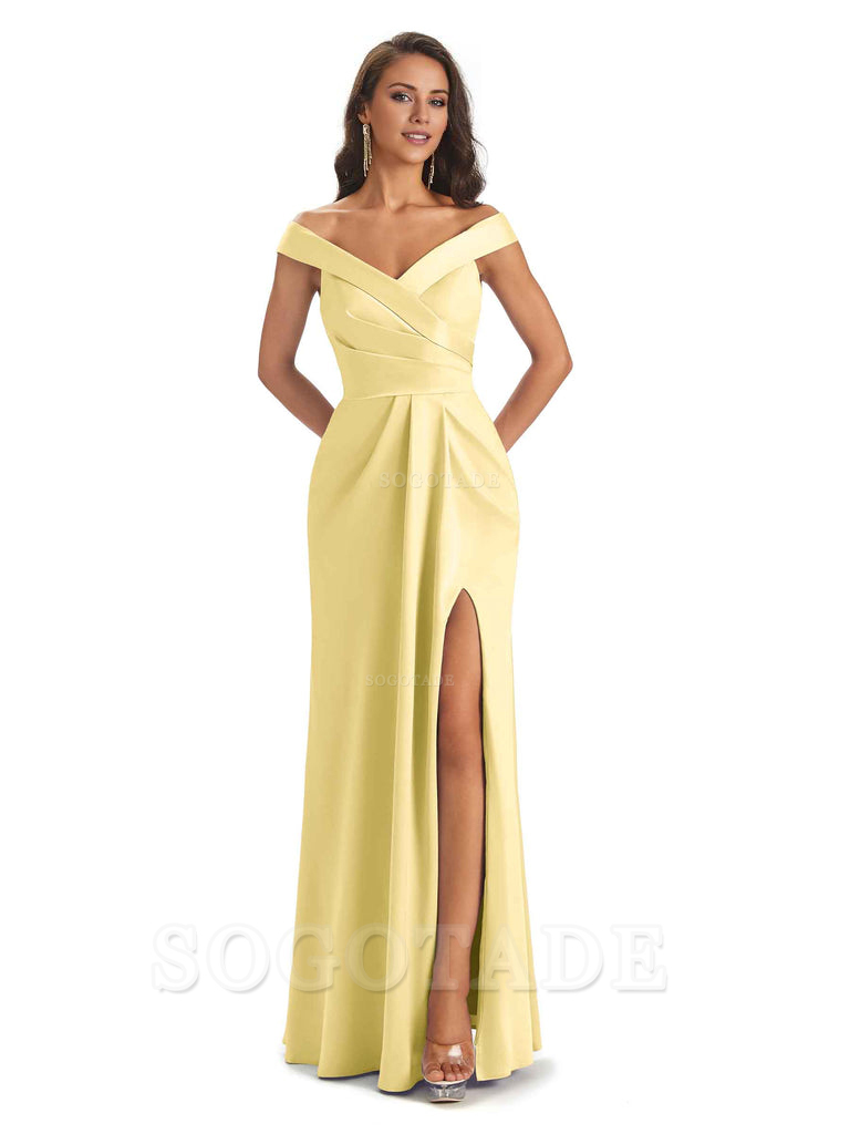 Sexy Soft Side Slit Off Shoulder V-Neck Long Satin Ladies Bridesmaid Dresses Elegant Evening Party Dress