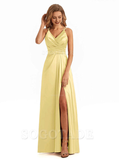 Soft Satin A-Line Spaghetti Straps V Neck Side Slit Maxi Long Bridesmaid Dresses