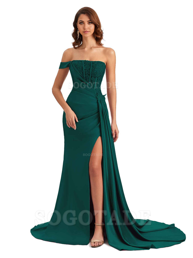 Mermaid Off Shoulder Applique formal dresses evening gown Bridesmaid Dresses With Side Slit 