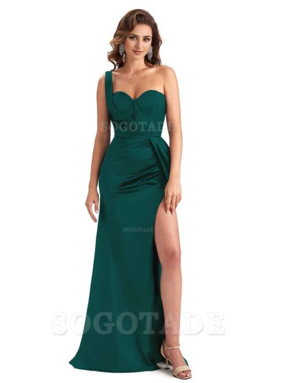 Sexy Mermaid Silky Satin Side Slit One Shoulder Unique Long Wedding Guest Dresses