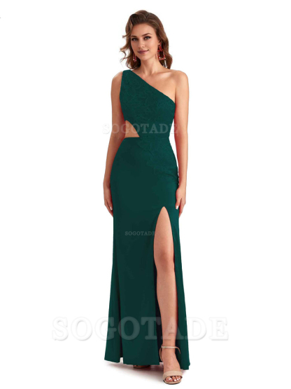 Sexy Side Slit Mermaid Lace Silky Satin One Shoulder Chic Long Bridesmaid Dresses