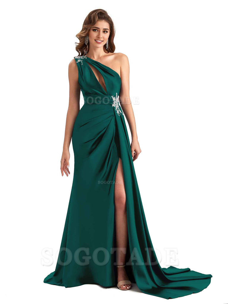 Sexy Side Slit Mermaid Soft Satin One Shoulder Lace Long Modern Bridesmaid Dresses