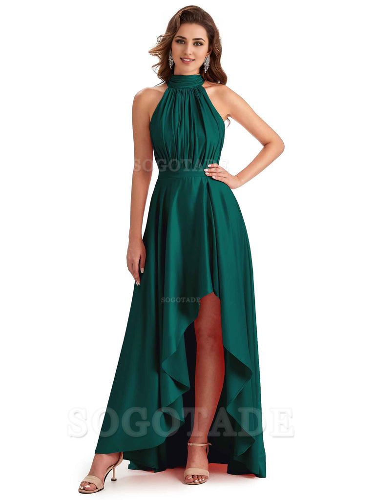 Soft Satin High Neck High Low A-Line Unique Bridesmaid Dresses Online