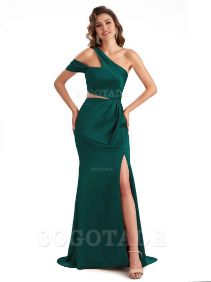 Sexy Side Slit Mermaid Soft Satin One Shoulder Long Unique Bridesmaid Dresses