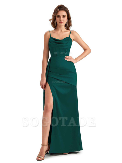 Sexy Side Slit Mermaid Silky Satin Spaghetti Straps Unique Wedding Guest Dresses