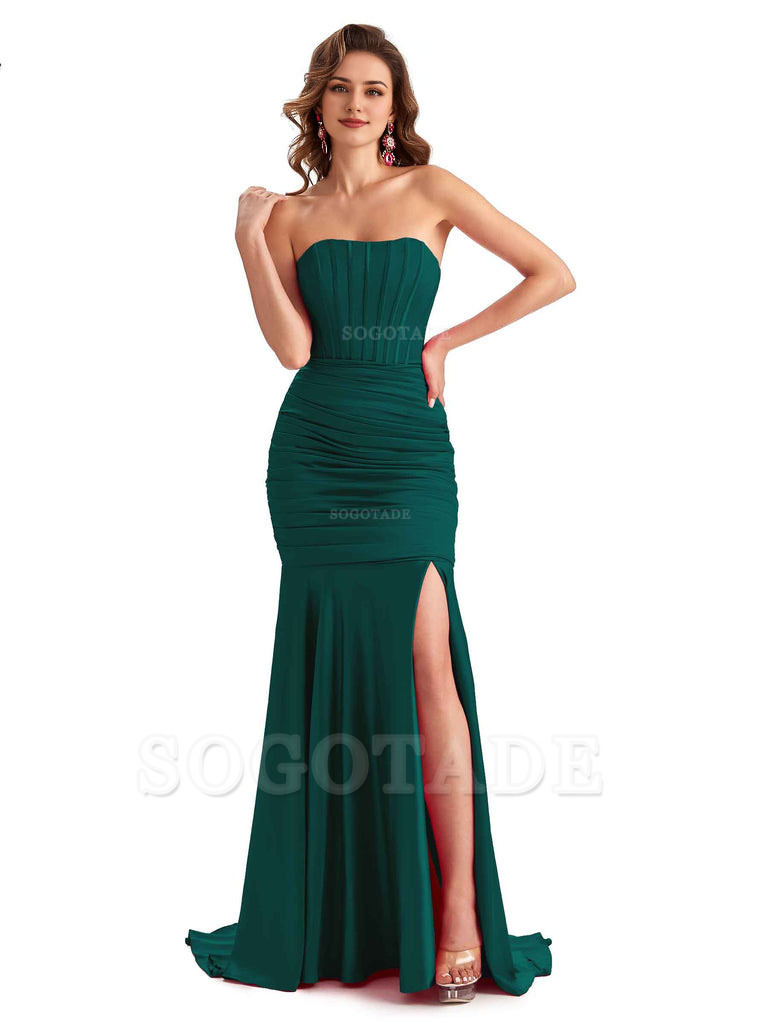 Sexy Strapless Side Slit Mermaid Silky Satin Formal Bridesmaid Dresses