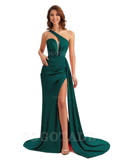 Mermaid One Shoulder Satin formal dresses evening gown Bridesmaid Dresses With Side Slit