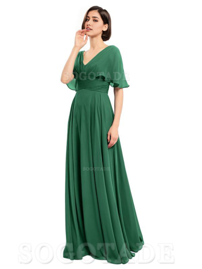  V-Neck Cap Sleeves Sleeves Chiffon Long Elegant Bridesmaid Dresses Formal Wear Dresses