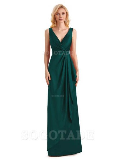V Neck Elegant Soft Satin Formal Long Maid Bridesmaid Dresses Formal Wear Dresses