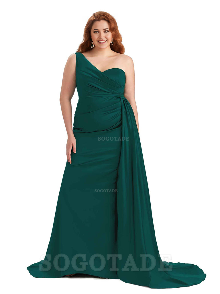 Sexy One Shoulder Sleeveless Mermaid Soft Satin Long Plus Size With Train Bridesmaid Gowns