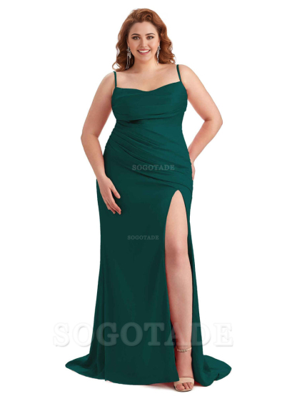 Sexy Side Slit Spaghetti Straps Mermaid Soft Satin Long Plus Size Bridesmaid Dress For Wedding