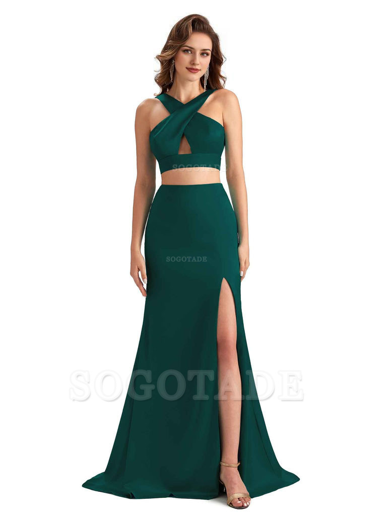 Sexy Side Slit Mermaid Silky Satin Halter Two Pieces Unique Long Bridesmaid Dresses
