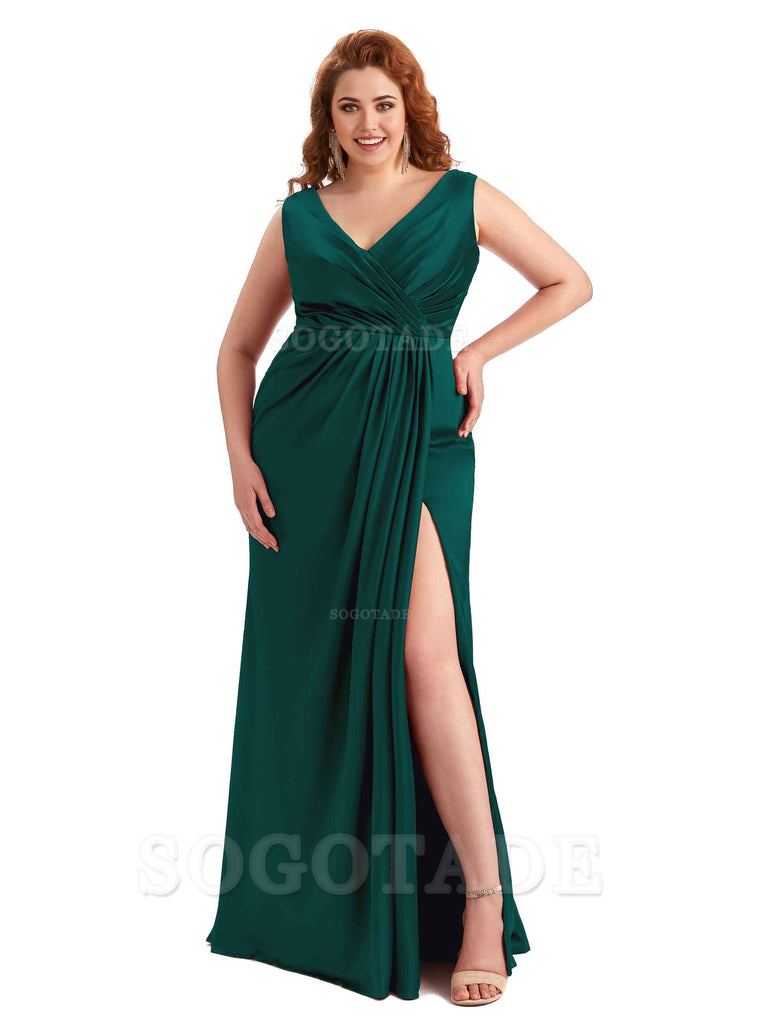 Mermaid V-Neck Satin formal dresses evening gown Bridesmaid Dresses With Side Slit 