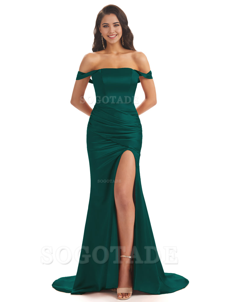 Mermaid Off Shoulder Floor-Length Satin formal dresses evening gown Bridesmaid Dresses With Side Slit 