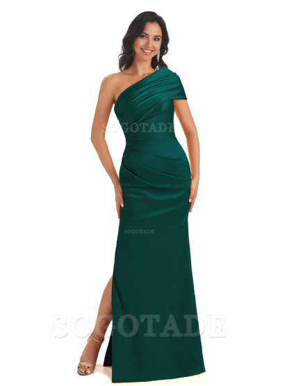 Mermaid One Shoulder Satin Long formal dresses evening gown Bridesmaid Dresses With Side Slit 