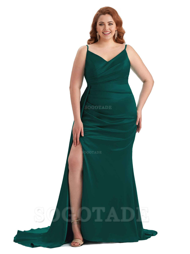 Sexy Side Slit Mermaid Spaghetti Straps V Neck Soft Satin Long Plus Size Maid of Honor Dresses 