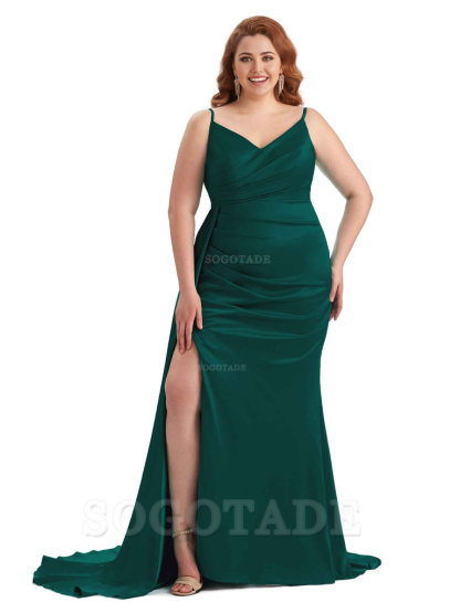 Sexy Side Slit Mermaid Spaghetti Straps V Neck Soft Satin Long Plus Size Maid of Honor Dresses 