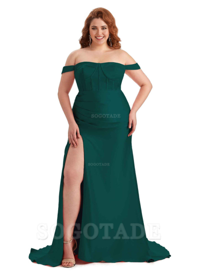 Elegant Off The Shoulder Side Slit Mermaid Soft Satin Floor Length Long Plus Size Bridesmaid Gowns