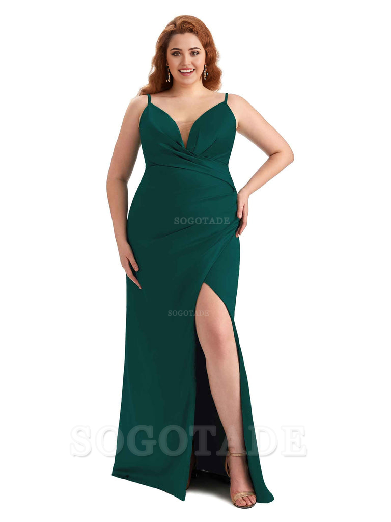 Sexy Side Slit Spaghetti Straps Sleeveless Mermaid V-neck Soft Satin Long Plus Size Bridesmaid Dress For Wedding