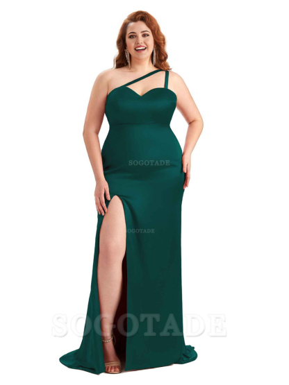 Sexy Side Slit Sleeveless Mermaid One Shoulder Soft Satin Long Plus Size Bridesmaid Dress For Wedding