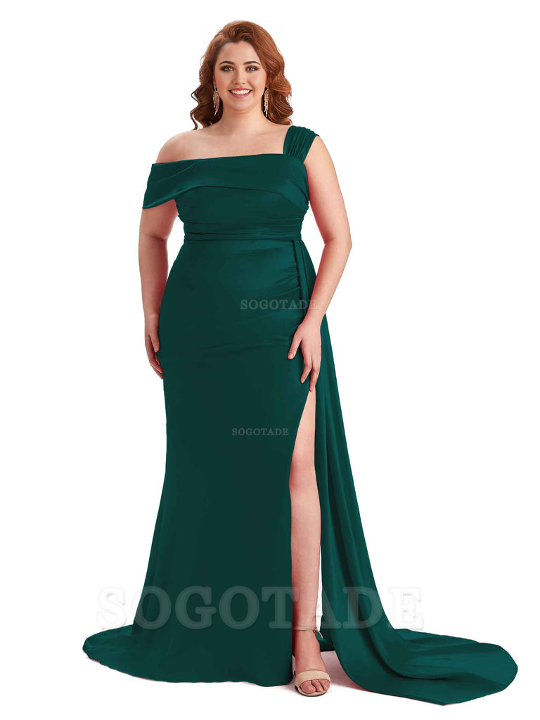 Sexy Side Hight Slit One Shoulder Mermaid Soft Satin Long Plus Size With Train Matron of Honor Dresses