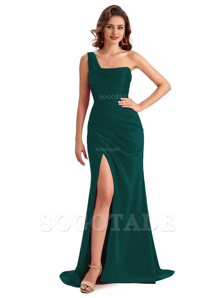 Sexy One Shoulder Side Slit Silky Satin Chic Long Mermaid Trumpet Bridesmaid Dress