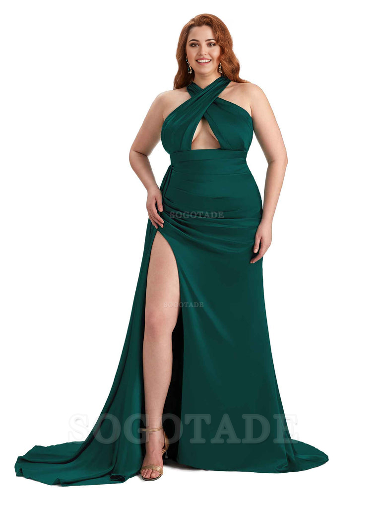 Sexy Halter Side Hight Slit Sleeveless Mermaid Soft Satin Long Plus Size Bridesmaid Dress For Wedding