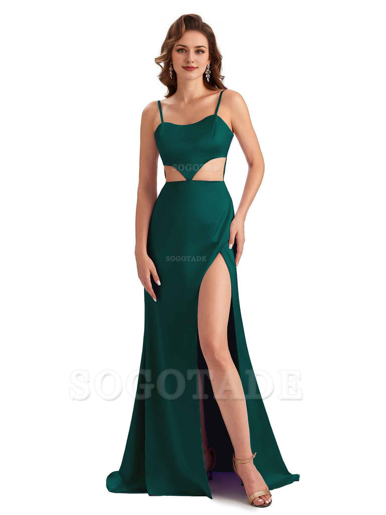 Sexy Satin Side Slit Spaghetti Straps Mermaid Long Unique Curve Wedding Guest Dresses
