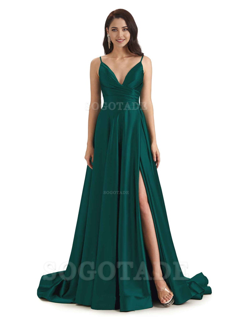 Spaghetti Straps Satin formal dresses evening gown Bridesmaid Dresses With Side Slit 