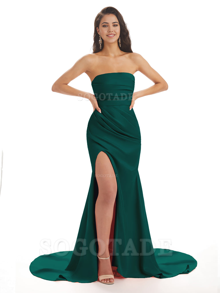 Mermaid Strapless Floor-Length Satin formal dresses evening gown Bridesmaid Dresses With Side Slit 