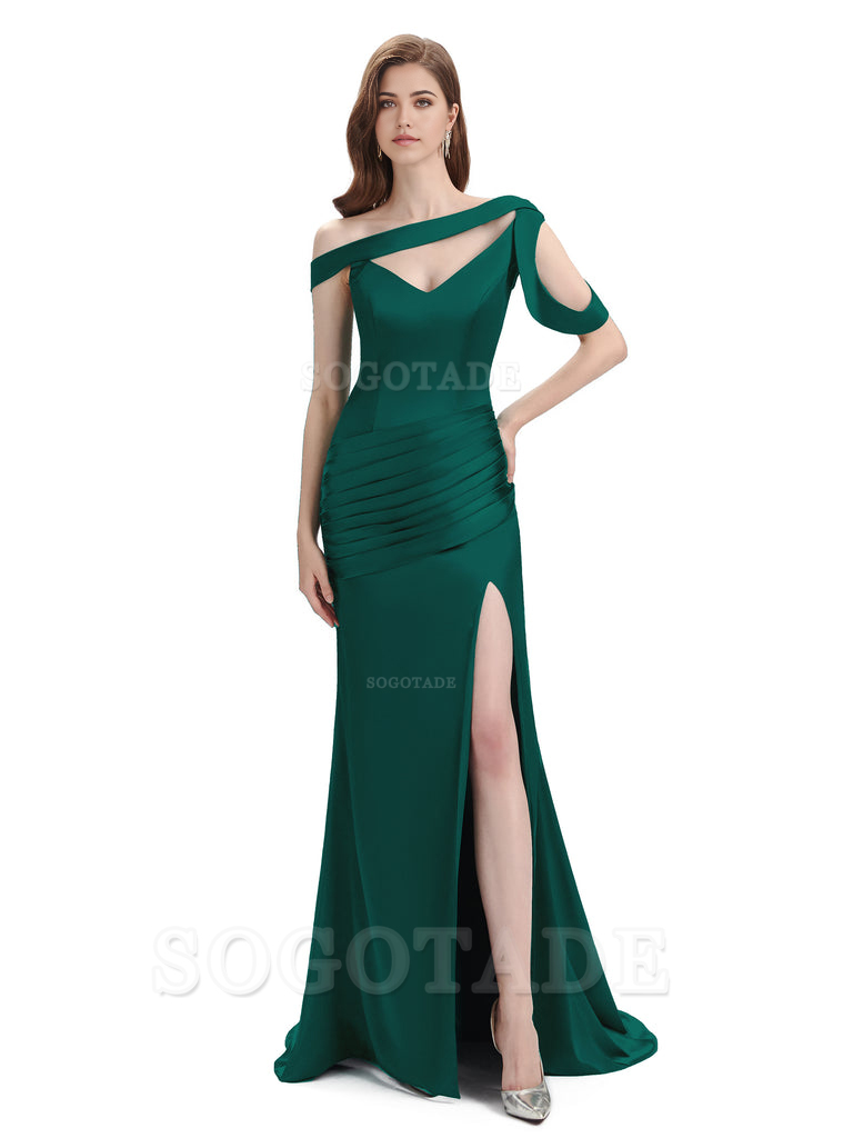 Mermaid V-Neck Satin Floor-Length formal dresses evening gown Bridesmaid Dresses With Side Slit 