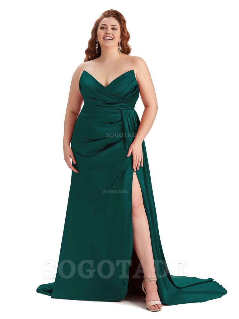 Sexy V-neck Side Slit Sleeveless Mermaid Soft Satin Long Plus Size Bridesmaid Gowns