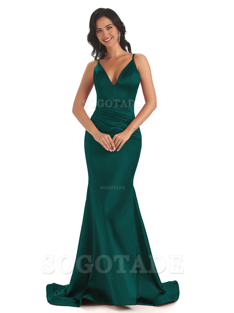 Mermaid Spaghetti V-Neck Straps Satin Long formal dresses evening gown Bridesmaid Dresses With Side Slit 