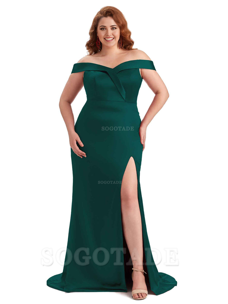 Elegant Off The Shoulder Sleeveless Side Slit Mermaid Soft Satin Long Plus Size Bridesmaid Gowns