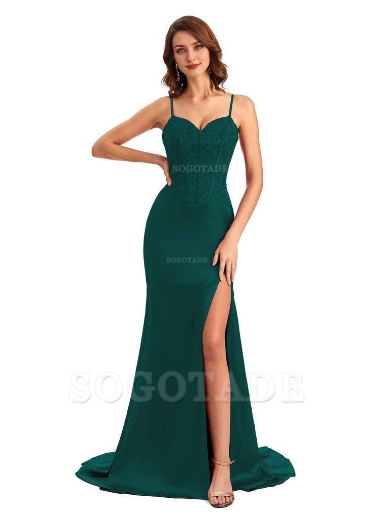 Sexy Side Slit Mermaid Silky Satin V-Neck Lace Unique Long Bridesmaid Dresses