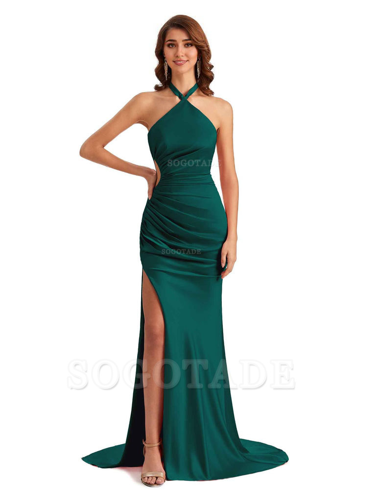 Sexy Halter Mermaid Silky Satin Unique Long Formal Wedding Guest Dresses
