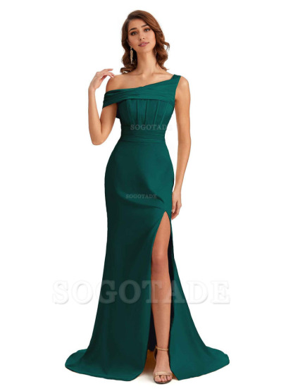 Elegant Asymmetrical Neck Soft Satin Side Slit Long Mermaid Bridesmaid Dresses