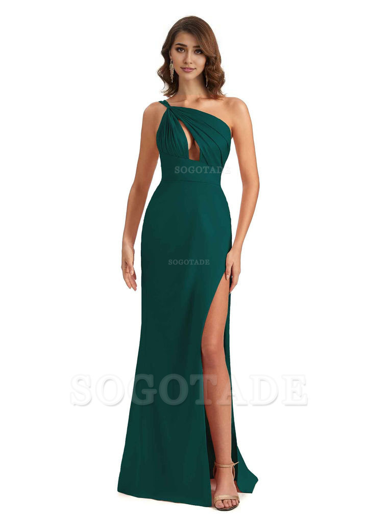 Sexy One Shoulder Silky Satin Unique Long Ladies Bridesmaid Dress For Wedding