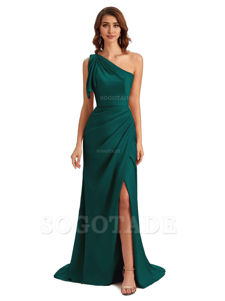 Sexy One Shoulder Mermaid Side Slit Unique Silky Satin Bridesmaid Dresses 
