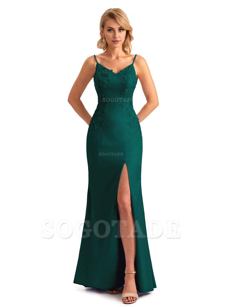 Sexy Side Split Mermaid Spaghetti Straps Soft Satin Unique Lace Long Bridesmaid Dresses