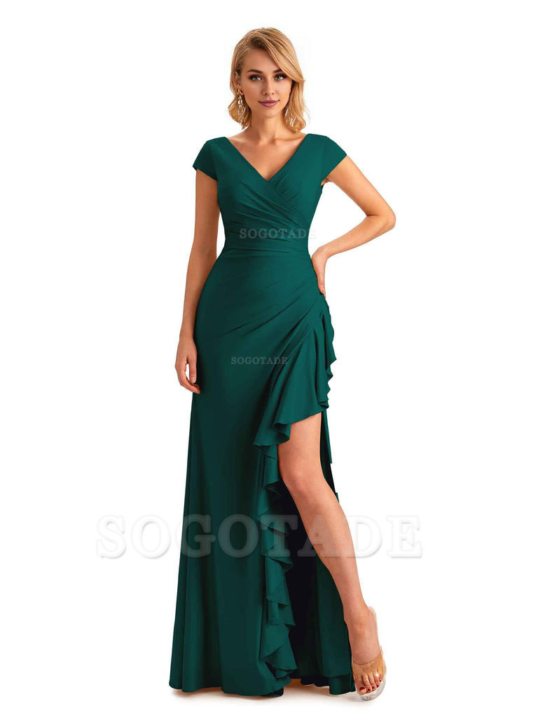 Sexy Side Slit Short Sleeves Mermaid Soft Satin Unique Long Maid Of Honor Dresses