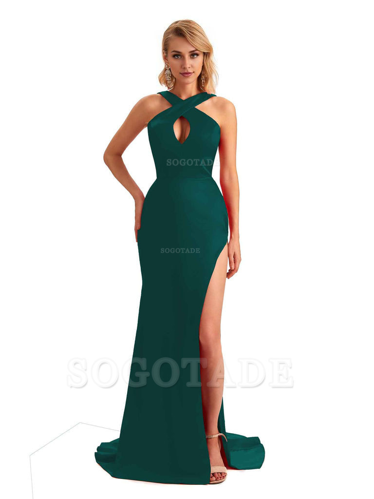 Sexy Side Slit Halter Mermaid Silky Satin Unique Long Formal Wedding Bridesmaid Dresses
