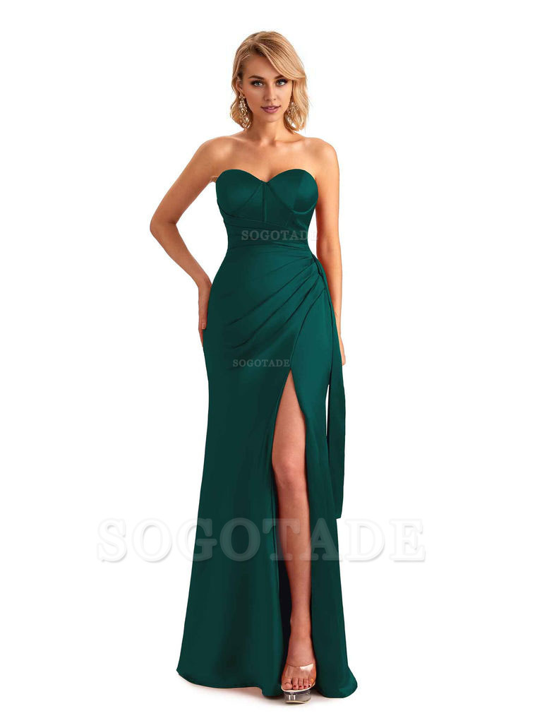 Sexy Side Slit Strapless Mermaid Soft Satin Unique Long Bridesmaid Dress For Wedding